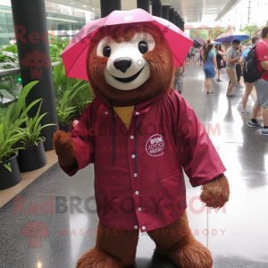 Maroon Sloth mascot costume character dressed with a Raincoat and Messenger bags