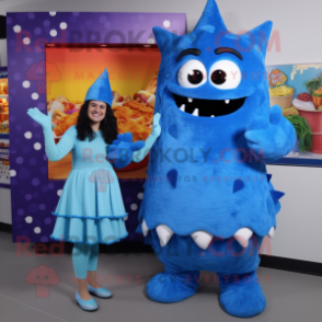 Blue Nachos mascot costume character dressed with a Midi Dress and Mittens