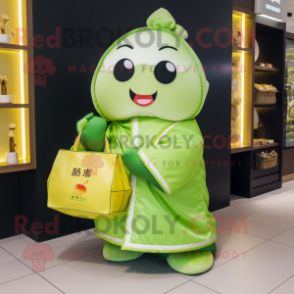 Lime Green Dim Sum mascot costume character dressed with a Sweatshirt and Handbags