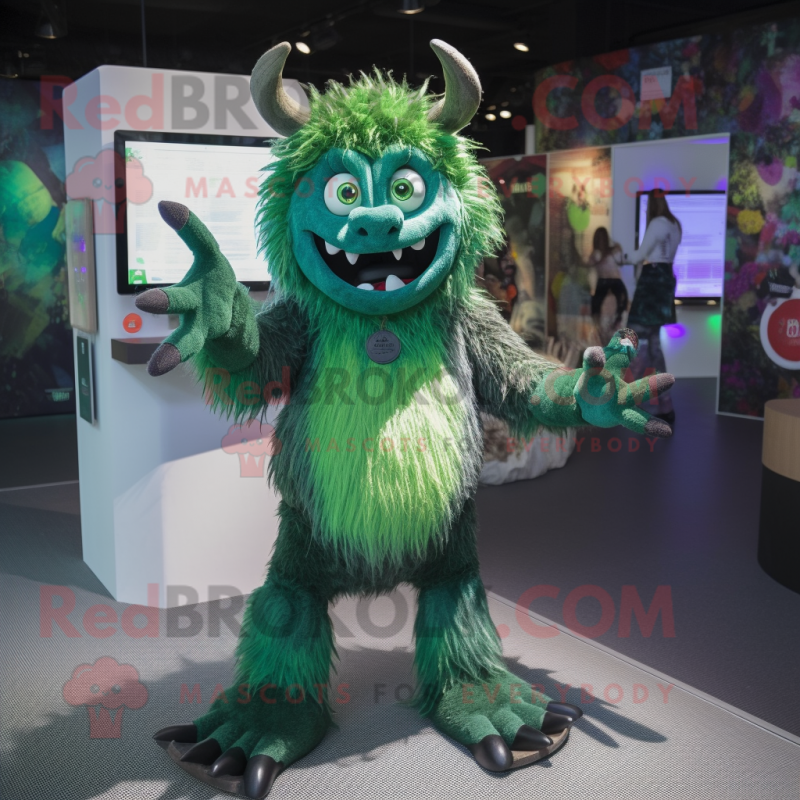 Forest Green Demon mascot costume character dressed with a Culottes and Hairpins