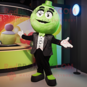 Lime Green Meatballs mascot costume character dressed with a Tuxedo and Mittens