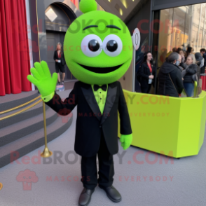 Lime Green Meatballs mascot costume character dressed with a Tuxedo and Mittens