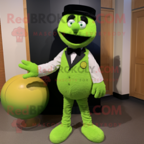 Lime Green Meatballs mascot costume character dressed with a Tuxedo and Mittens