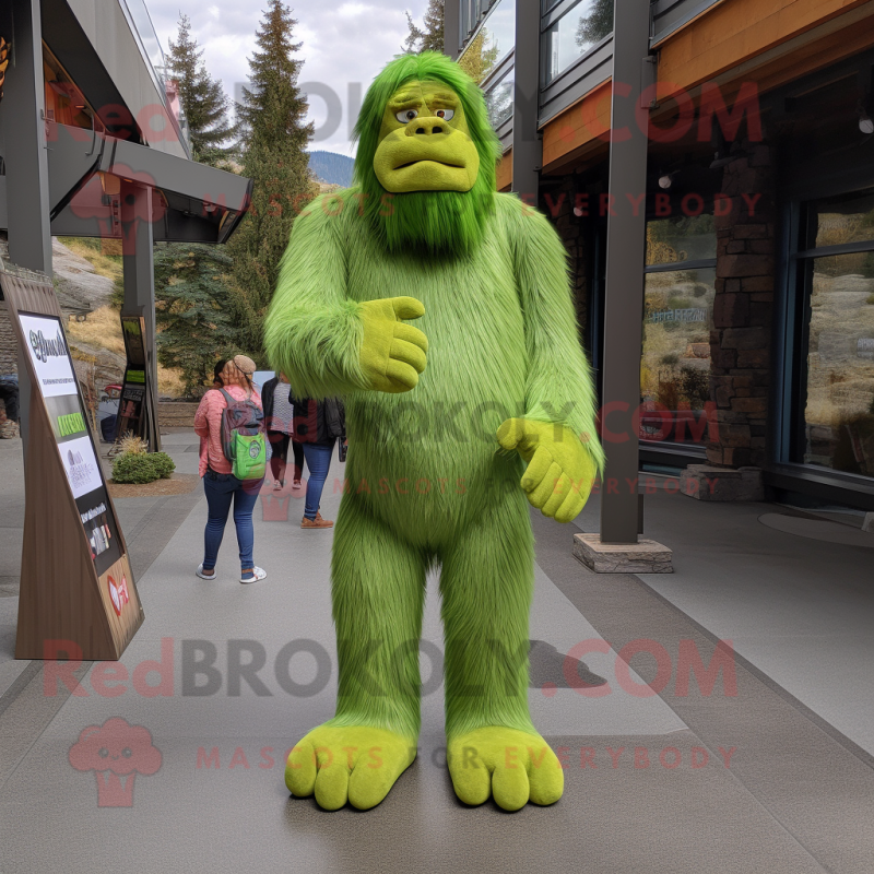 Lime Green Sasquatch mascot costume character dressed with a Bootcut Jeans and Foot pads