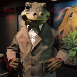 Olive Komodo Dragon mascot costume character dressed with a Suit Jacket and Brooches