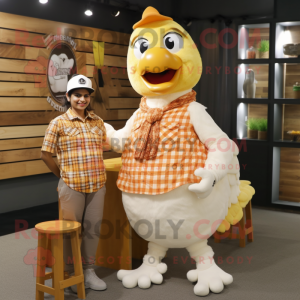 Cream Butter Chicken mascot costume character dressed with a Flannel Shirt and Brooches