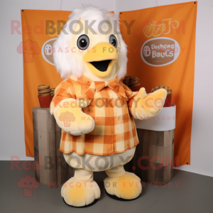 Cream Butter Chicken mascot costume character dressed with a Flannel Shirt and Brooches