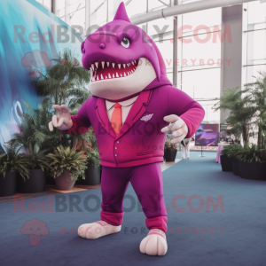 Magenta Megalodon mascot costume character dressed with a Suit Pants and Headbands