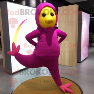 Magenta Canary mascot costume character dressed with a Yoga Pants and Earrings