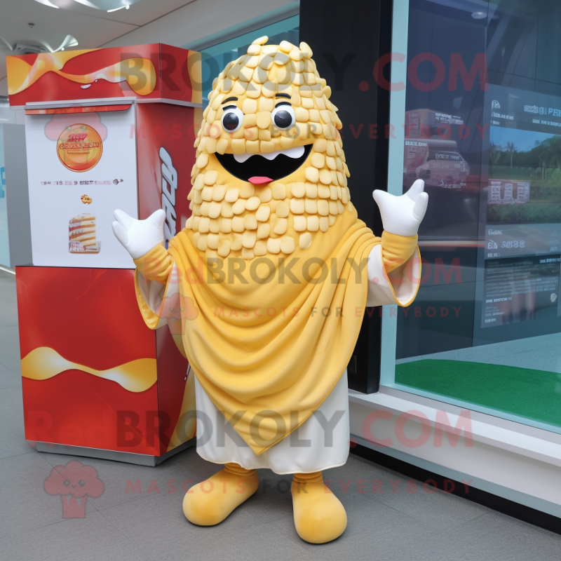 Cream French Fries mascot costume character dressed with a Rash Guard and Shawls