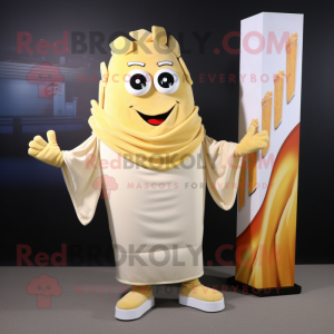 Cream French Fries mascot costume character dressed with a Rash Guard and Shawls