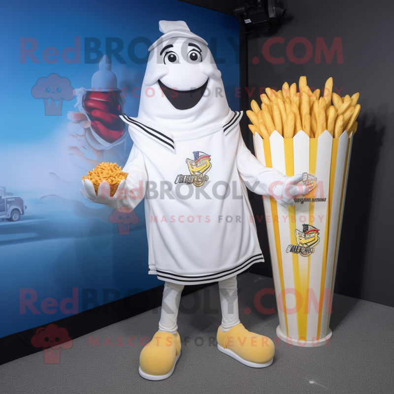 White French Fries mascot costume character dressed with a Sweatshirt and Brooches