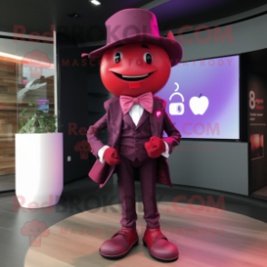 Magenta Apple mascot costume character dressed with a Suit Jacket and Hat pins