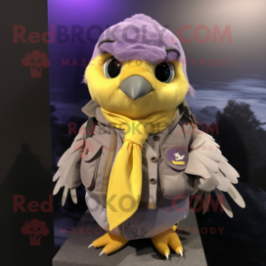 Lavender Canary mascot costume character dressed with a Bomber Jacket and Scarves