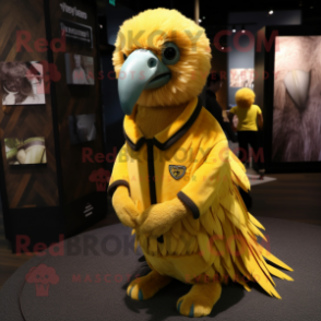 Yellow Vulture mascot costume character dressed with a Jumpsuit and Lapel pins