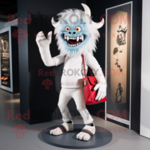 White Demon mascot costume character dressed with a Skinny Jeans and Handbags