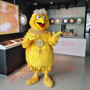 Yellow Fried Chicken mascot costume character dressed with a Empire Waist Dress and Bracelets