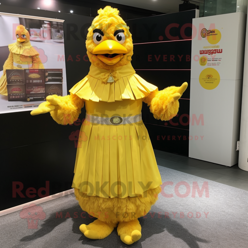 Yellow Fried Chicken mascot costume character dressed with a Empire Waist Dress and Bracelets
