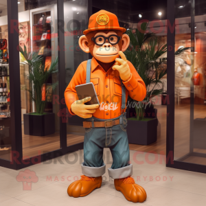 Orange Chimpanzee mascot costume character dressed with a Flare Jeans and Eyeglasses