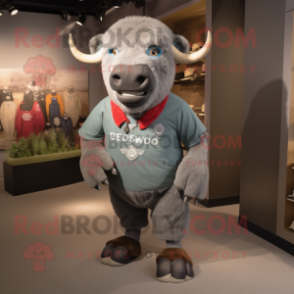 Gray Bison mascot costume character dressed with a Polo Tee and Bracelets