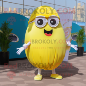 Lemon Yellow Steak mascot costume character dressed with a Circle Skirt and Sunglasses