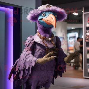 Lavender Vulture mascot costume character dressed with a Mini Skirt and Hats