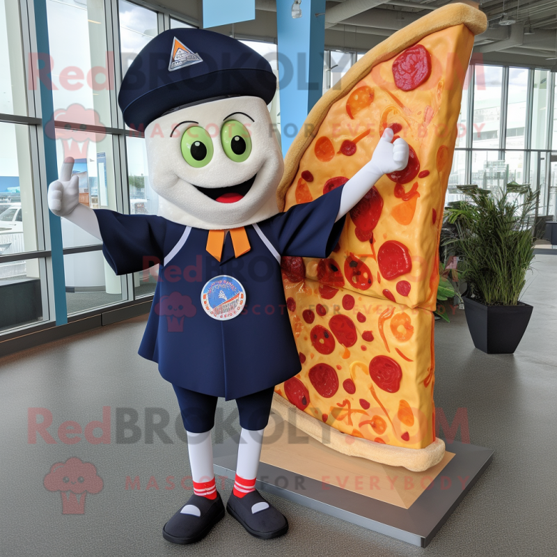 Navy Pizza Slice mascot costume character dressed with a Board Shorts and Messenger bags