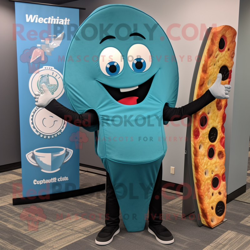 Teal Pizza Slice mascot costume character dressed with a Yoga Pants and Briefcases