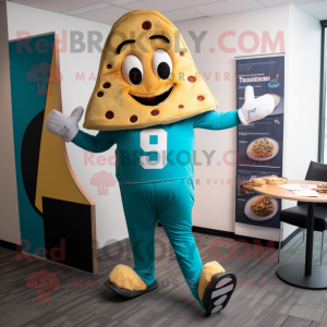 Teal Pizza Slice mascot costume character dressed with a Yoga Pants and Briefcases