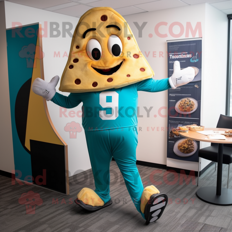 Teal Pizza Slice mascot costume character dressed with a Yoga Pants and Briefcases