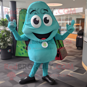 Teal Pizza Slice mascot costume character dressed with a Yoga Pants and Briefcases