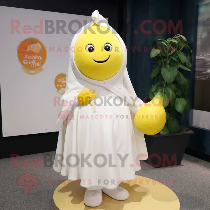 White Lemon mascot costume character dressed with a Skirt and Shawl pins