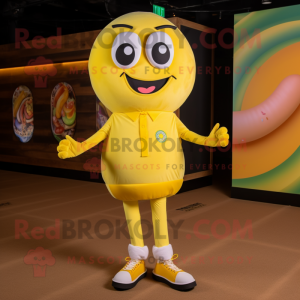 Lemon Yellow Donut mascot costume character dressed with a Polo Shirt and Shoe laces