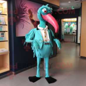 Teal Flamingo mascot costume character dressed with a Button-Up Shirt and Tie pins