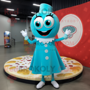 Cyan Pizza Slice mascot costume character dressed with a Shift Dress and Rings