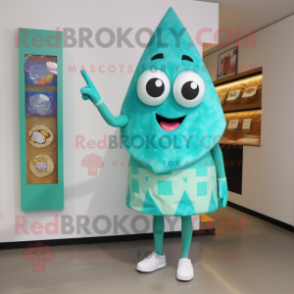 Cyan Pizza Slice mascot costume character dressed with a Shift Dress and Rings