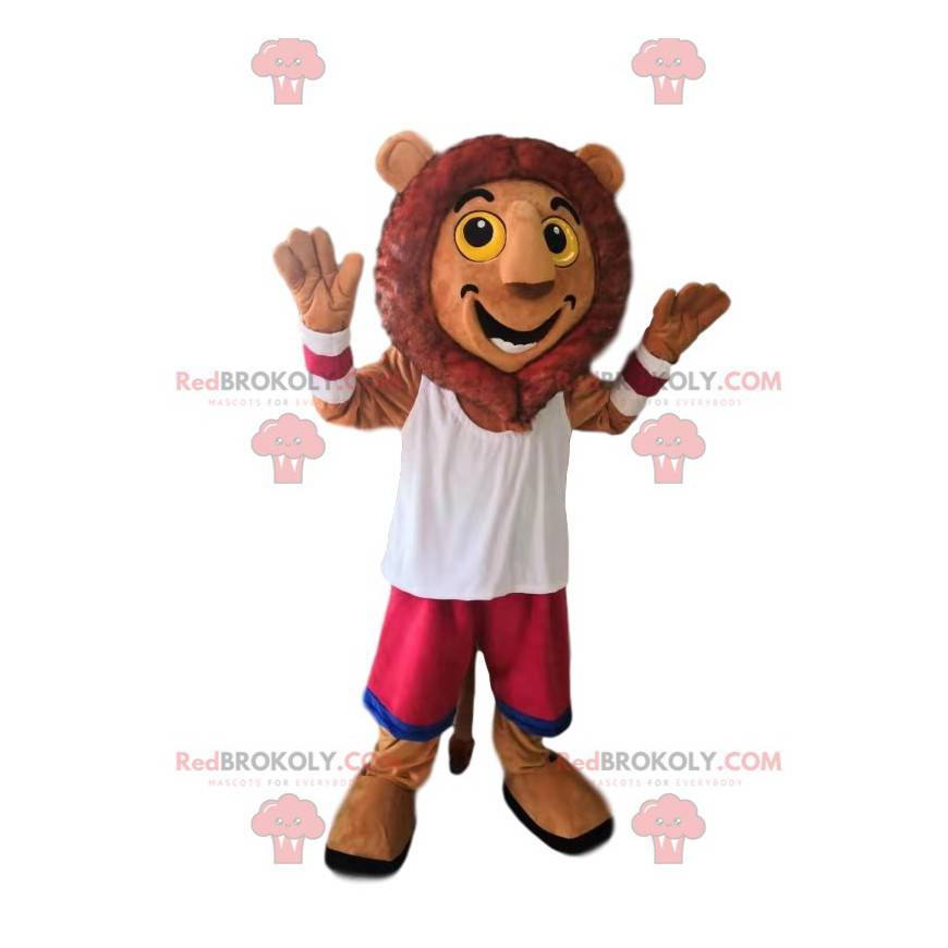 Meget glad løve maskot med fuchsia shorts - Redbrokoly.com