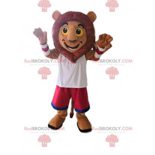 Meget glad løve maskot med fuchsia shorts - Redbrokoly.com