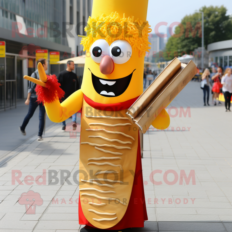 Gold Currywurst mascot costume character dressed with a Pencil Skirt and Reading glasses