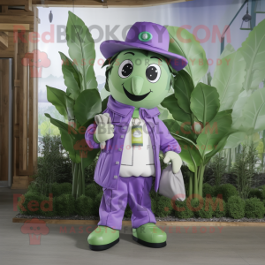 Lavender Beanstalk mascot costume character dressed with a Windbreaker and Messenger bags
