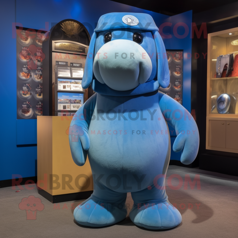 Blue Walrus mascot costume character dressed with a Romper and Beanies