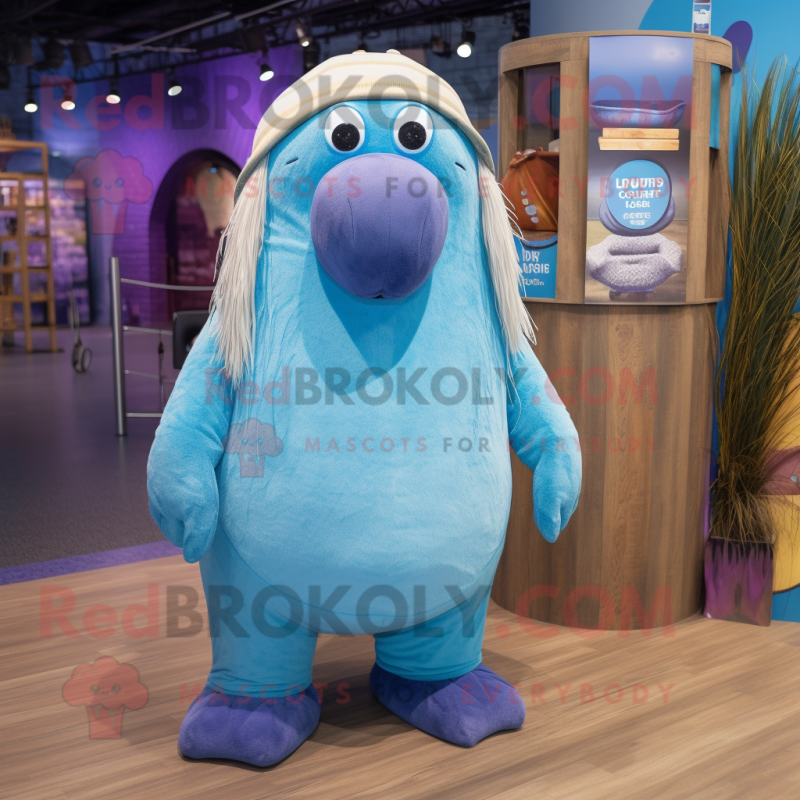 Blue Walrus mascot costume character dressed with a Romper and Beanies