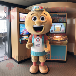 Tan Gumball Machine mascot costume character dressed with a Board Shorts and Headbands