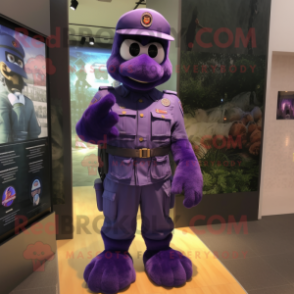 Purple American Soldier mascot costume character dressed with a Vest and Foot pads