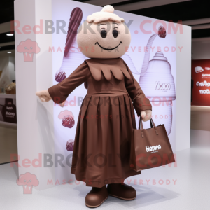 nan Chocolates mascot costume character dressed with a Pleated Skirt and Tote bags