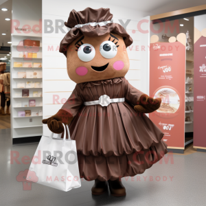 nan Chocolates mascot costume character dressed with a Pleated Skirt and Tote bags