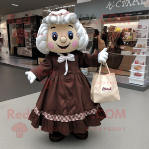 nan Chocolates mascot costume character dressed with a Pleated Skirt and Tote bags
