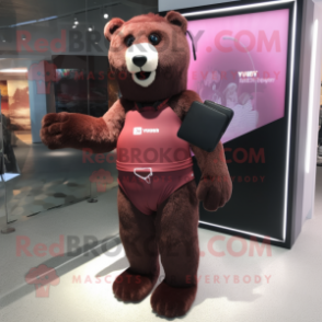 Maroon Ice mascot costume character dressed with a Bikini and Clutch bags