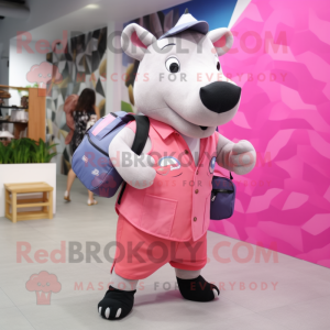 Pink Tapir mascot costume character dressed with a Waistcoat and Messenger bags