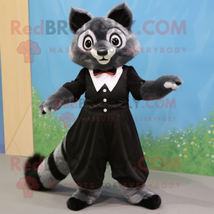 Black Civet mascot costume character dressed with a A-Line Skirt and Bow ties